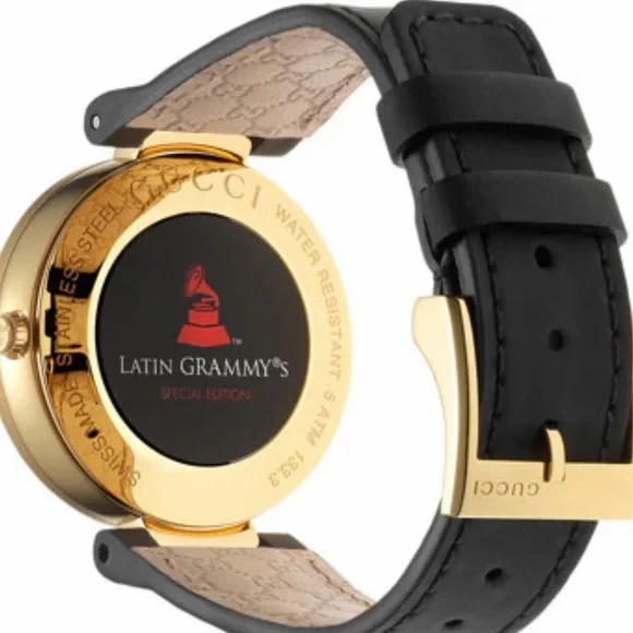 Gucci YA133312 Interlocking-G Latin Grammy 37MM Unisex Black Leather Watch - Picture 2 of 8